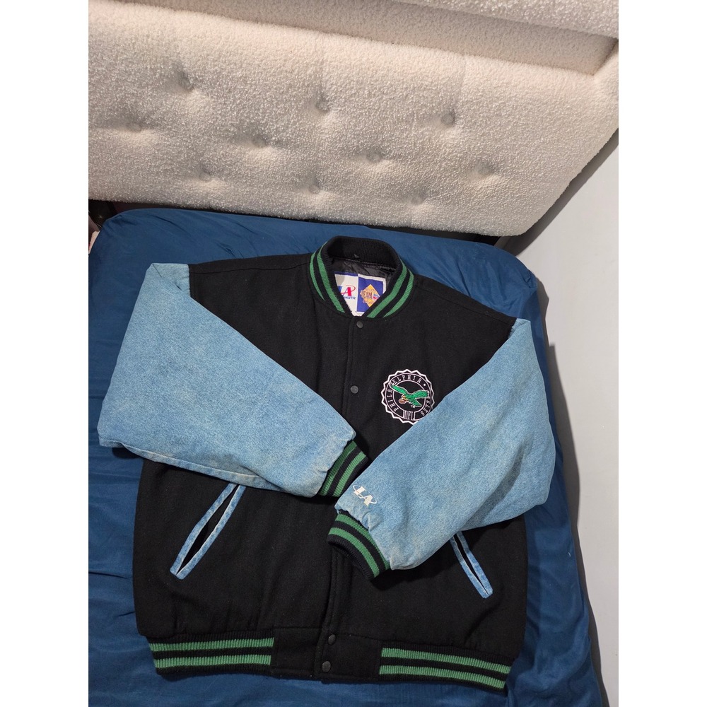 Vintage 1992 Philadelphia Eagles Logo Athletic Varsity Jacket Wool Denim XL